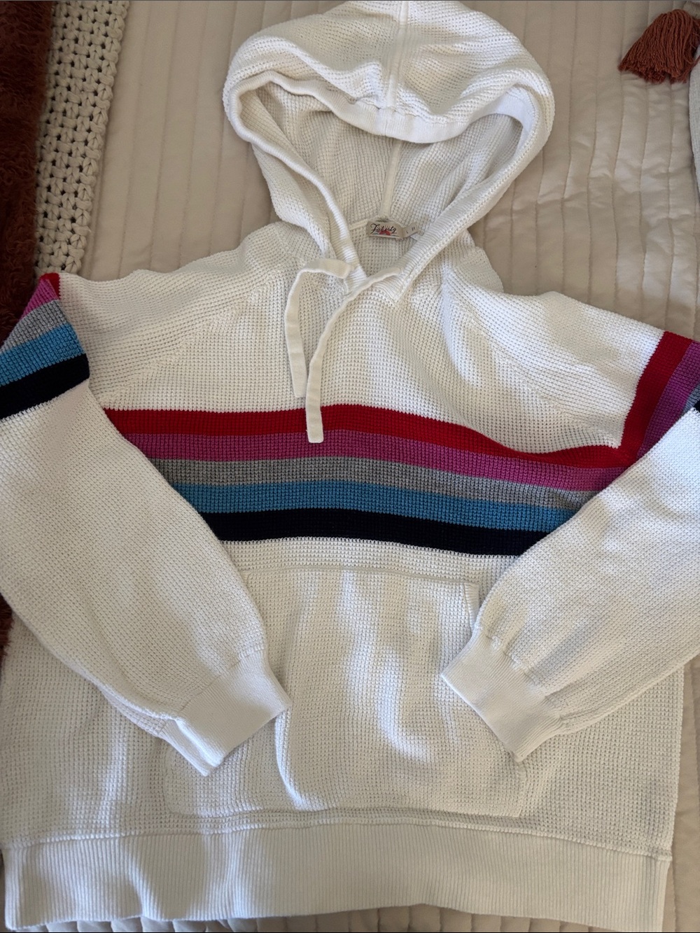 Faherty White Hooded Sweater with Red, Pink, Blue & Black Stripes